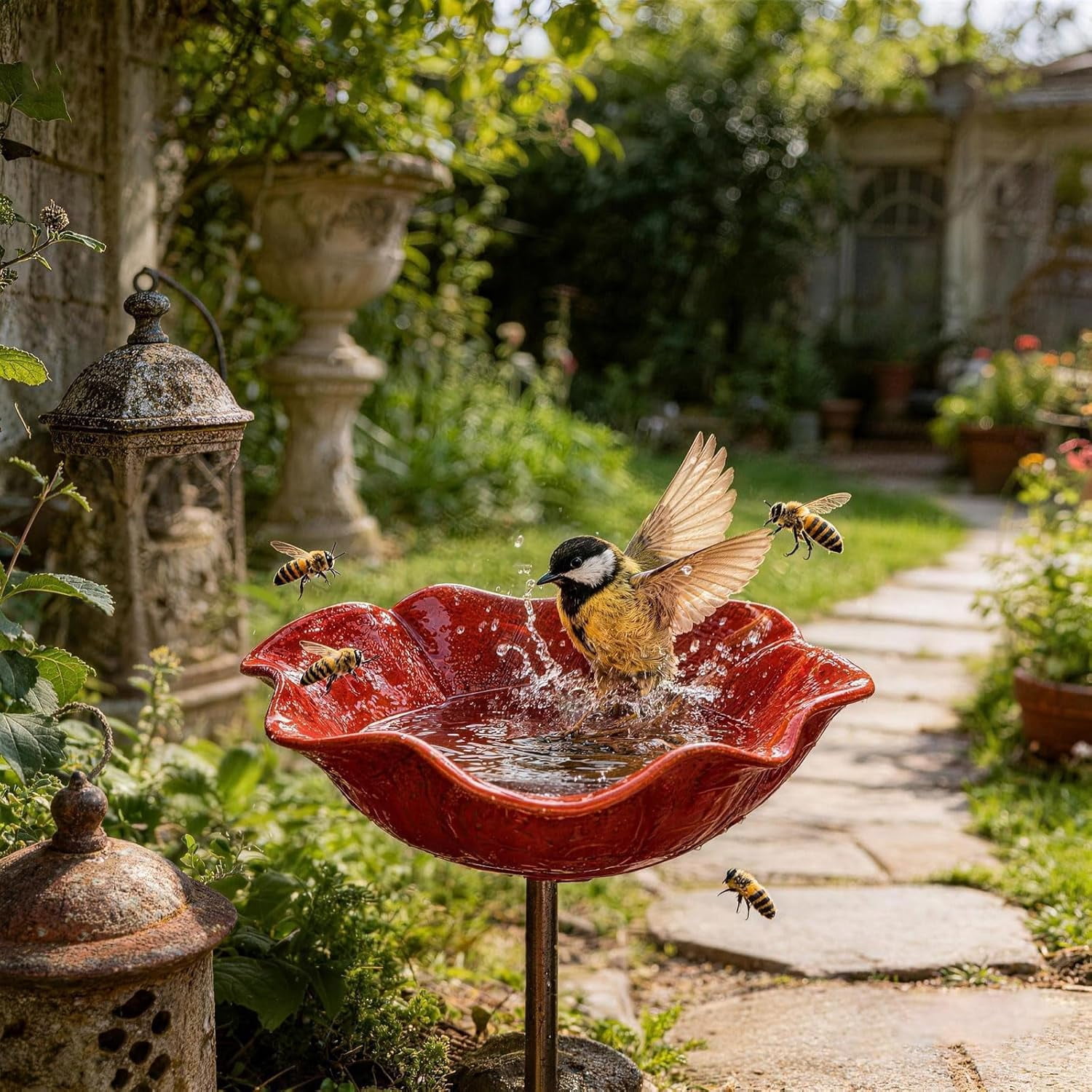 Handmade Metal Flower Garden Stake, 2 Pack Green Glass Bird Baths with Flower Design, Decorative Outdoor Bird and Bee Watering Station for Yard, Patio & Lawn, Attract Hummingbirds & Wild Birds & Bee