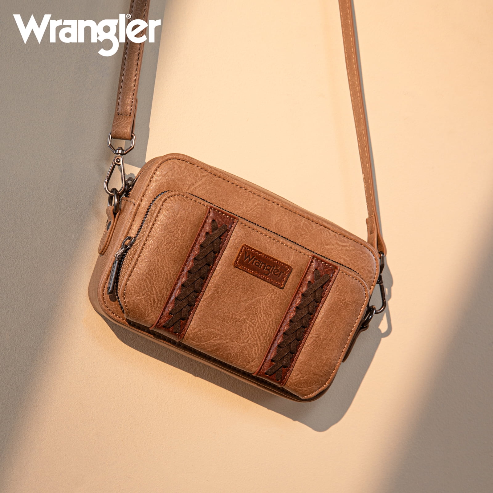 Wrangler Crossbody Bag for Women Vegan Leather Western Shoulder Purse Small Multi Pocket Crossbody Wallet Purse Crossover Bags with Adjustable Strap, Khaki