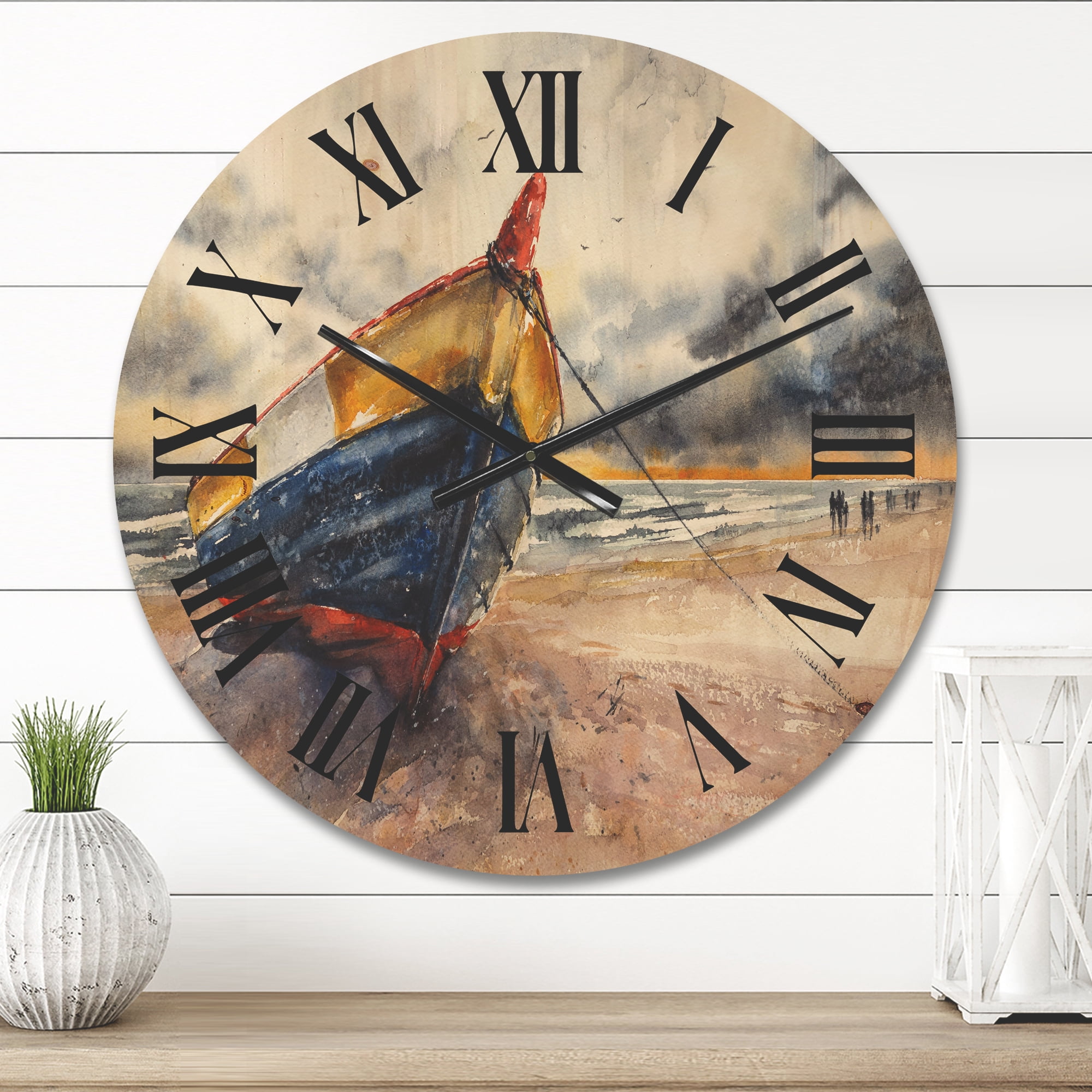 Designart 'Wooden Boat On The Baltic Shores At Evening Glow' Nautical & Coastal Wood Wall Clock