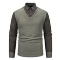 thumbnail image 4 of ZCFZJW Men's Pullover Button Stripe Solid Sweater Shirt Fake Two Piece Long Sleeve Lapel Collar Work Office T-Shirt Casual Button up Polo Shirt Beige M, 4 of 9