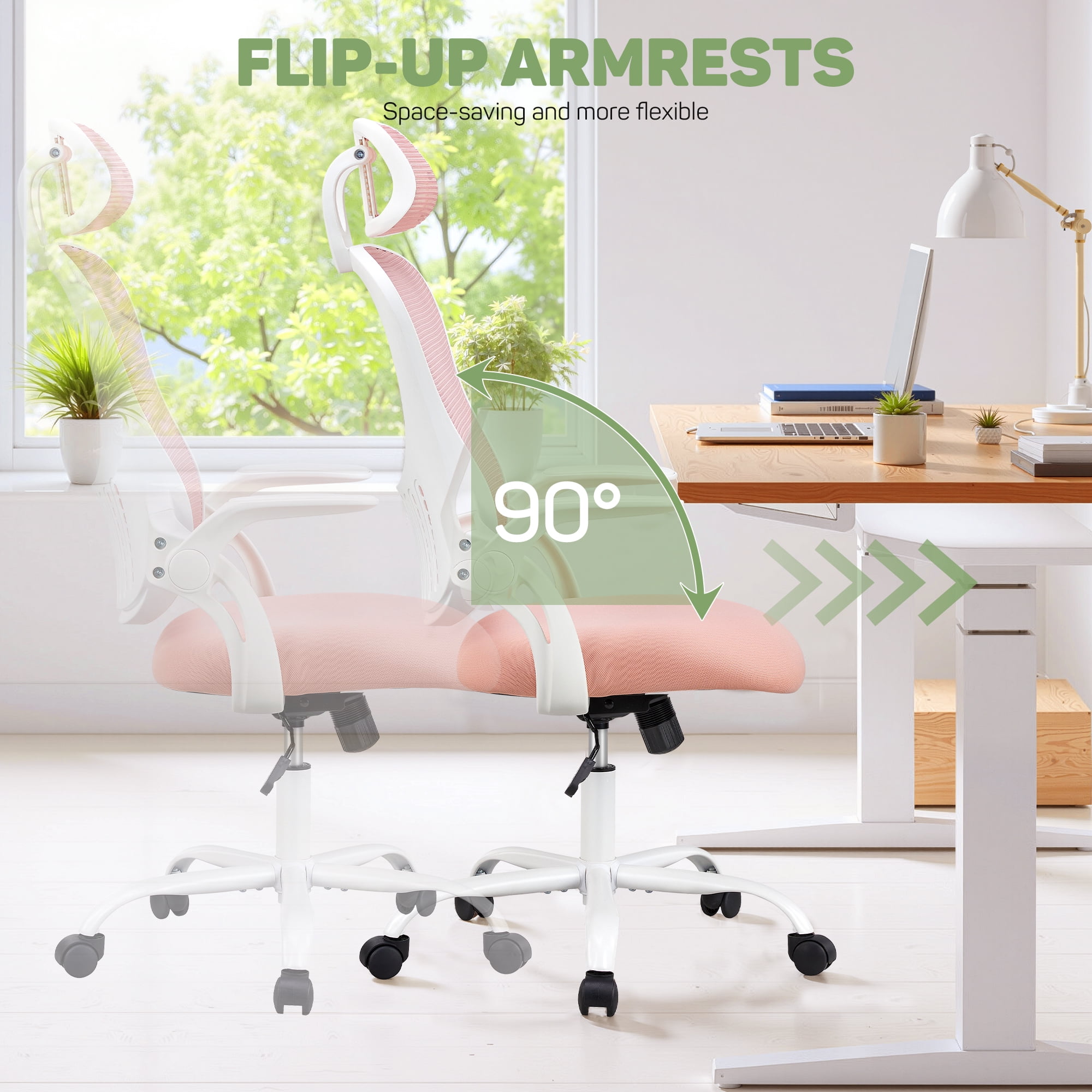 Ergonomic Office Desk Chair, High-Back Mesh Computer Chair with Adjustable Headrest, Lumbar Support, Flip-Up Armrests, Swivel Rolling Task Chair for Home Office, Pink
