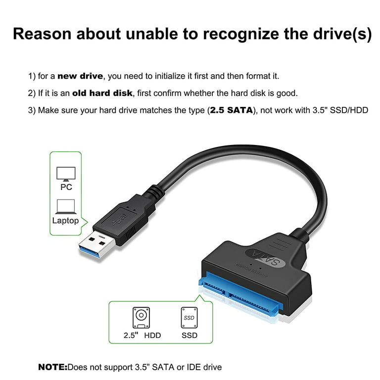 EYOOLD SATA to USB 3.0 Adapter Cable for 2.5 inch HDD/SSD, Hard Drive  Adapter Converter Support UASP (Black)