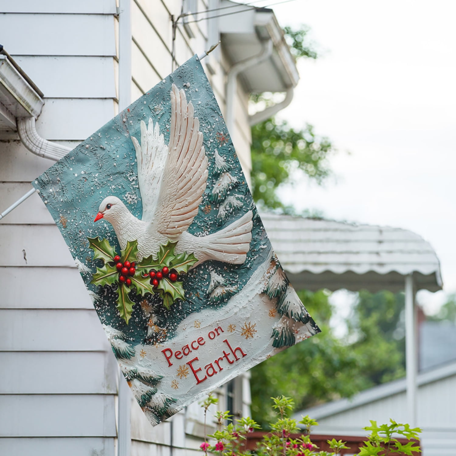 America Forever Peace on Earth Dove House Flag, 28 x 40 inches Double Sided, Christmas dove flags, White Dove and Holly, Festive Winter Decor Outdoor Seasonal Flags for Yard, Lawn