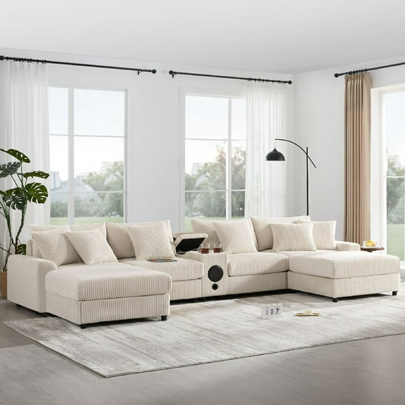 Corduroy Sectional Sofa with Bluetooth Speakers and Console, U-Shaped Couch with USB Charger and Cup Holders, Deep and Wide Seat Cloud Sofa with Storage and Ottoman for Living Room, Apartment, Cream