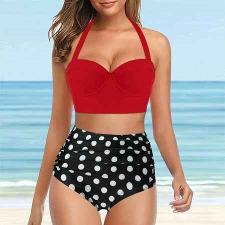 Summer Vintage Fashion Polka Dot Printed Swimsuit Swimwear Ladies Sexy Push Up Bra Bikini Swimsuit Two Piece Set Beachwear
