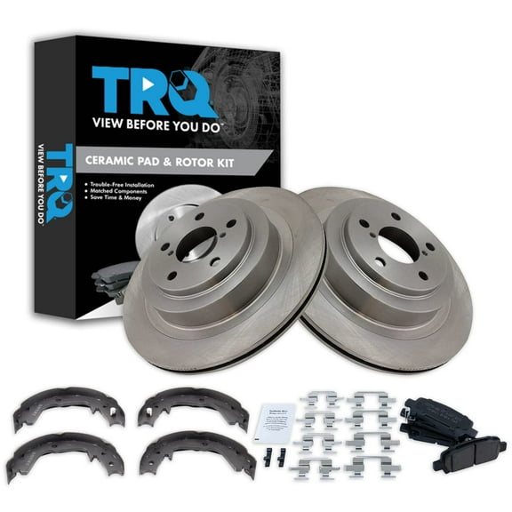TRQ Rear Brake Pad & Rotor Kit Brake Pads Brake Rotor Parking Brake Shoe Set Ceramic Fits Select 2005-2009 Subaru Legacy