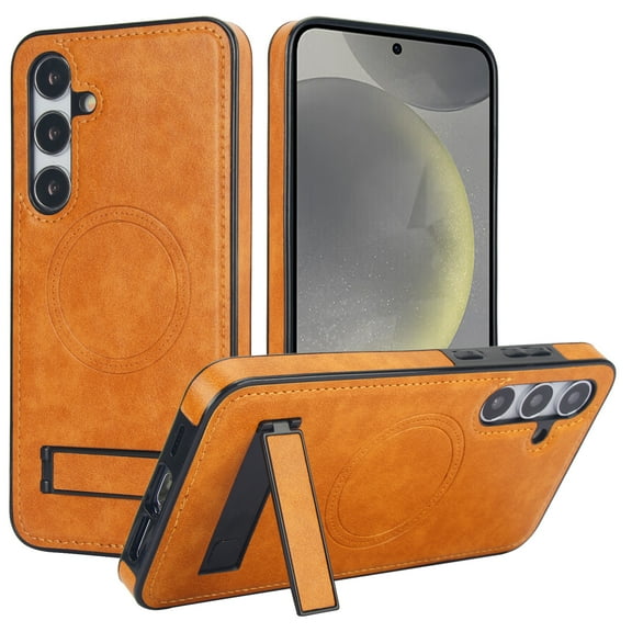 Allytechgroup Case for Samsung Galaxy S25, Hidden Kickstand PU Leather [Compatible with MagSafe] [Anti-Drop & Shockproof] Protective Magnetic Case for Women Men, Khaki