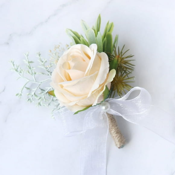 Nvzi Rose Wrist Corsage Wristband Bracelet and Corsage Set for Men White Wedding Flowers Accessories Prom Set Decoration (Champagne Color)