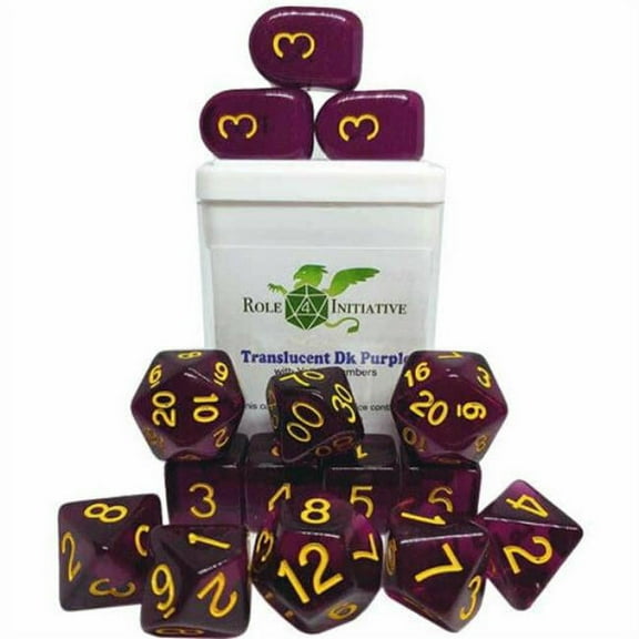 Role 4 Initiative Polyhedral Dice - Translucent Dark Purple w/Yellow and Arch'd4 (15) New