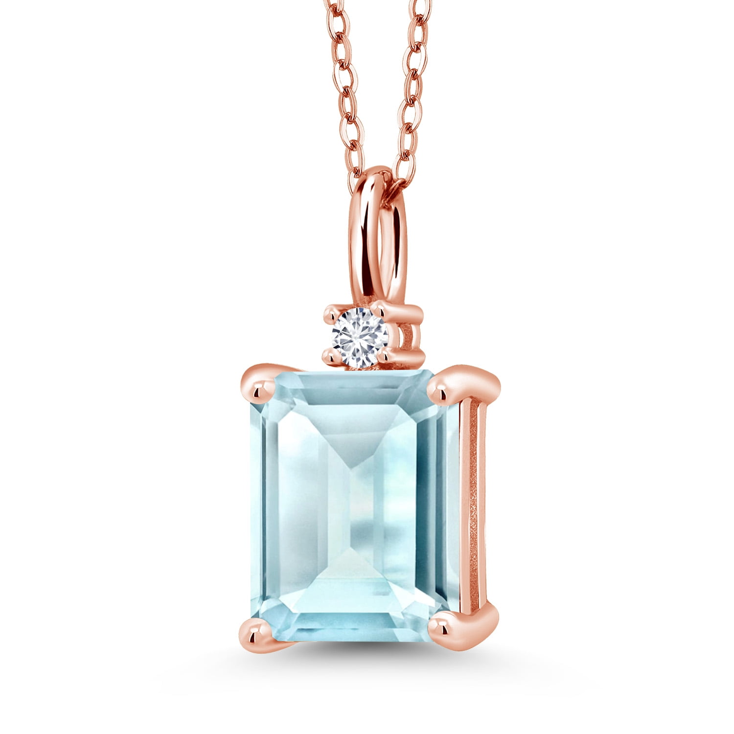 18K Rose Gold Plated Silver Sky Blue Topaz and White Lab Grown Diamond Pendant Necklace for Women (4.04 Cttw, Gemstone November Birthstone, Emerald Cut 10X8MM with 18 inch Silver Chain)