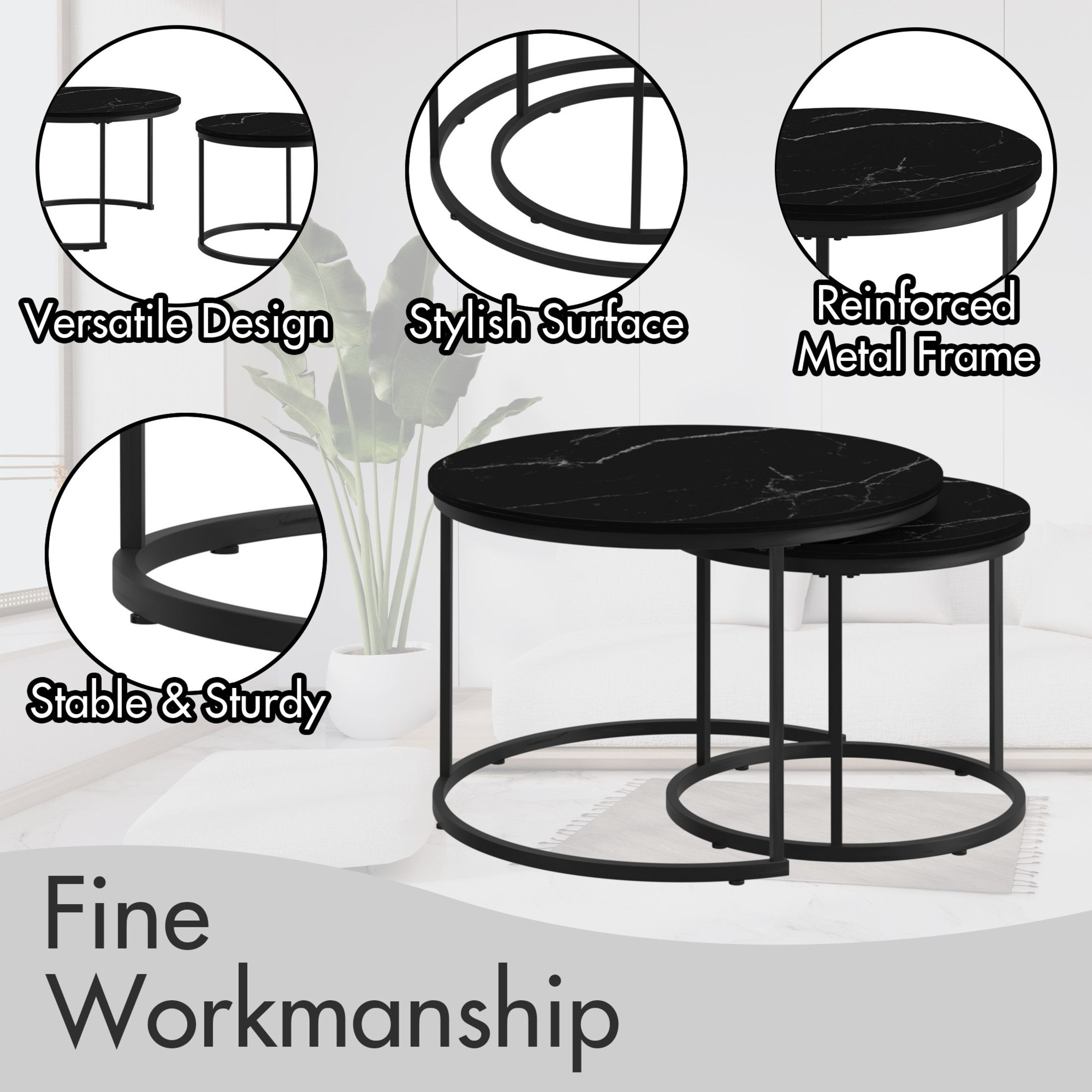 Noble House Lazura 27.6" Marble Look Nesting Coffee Table Set, Round MDF Top with Metal Base, Black, Set of 2