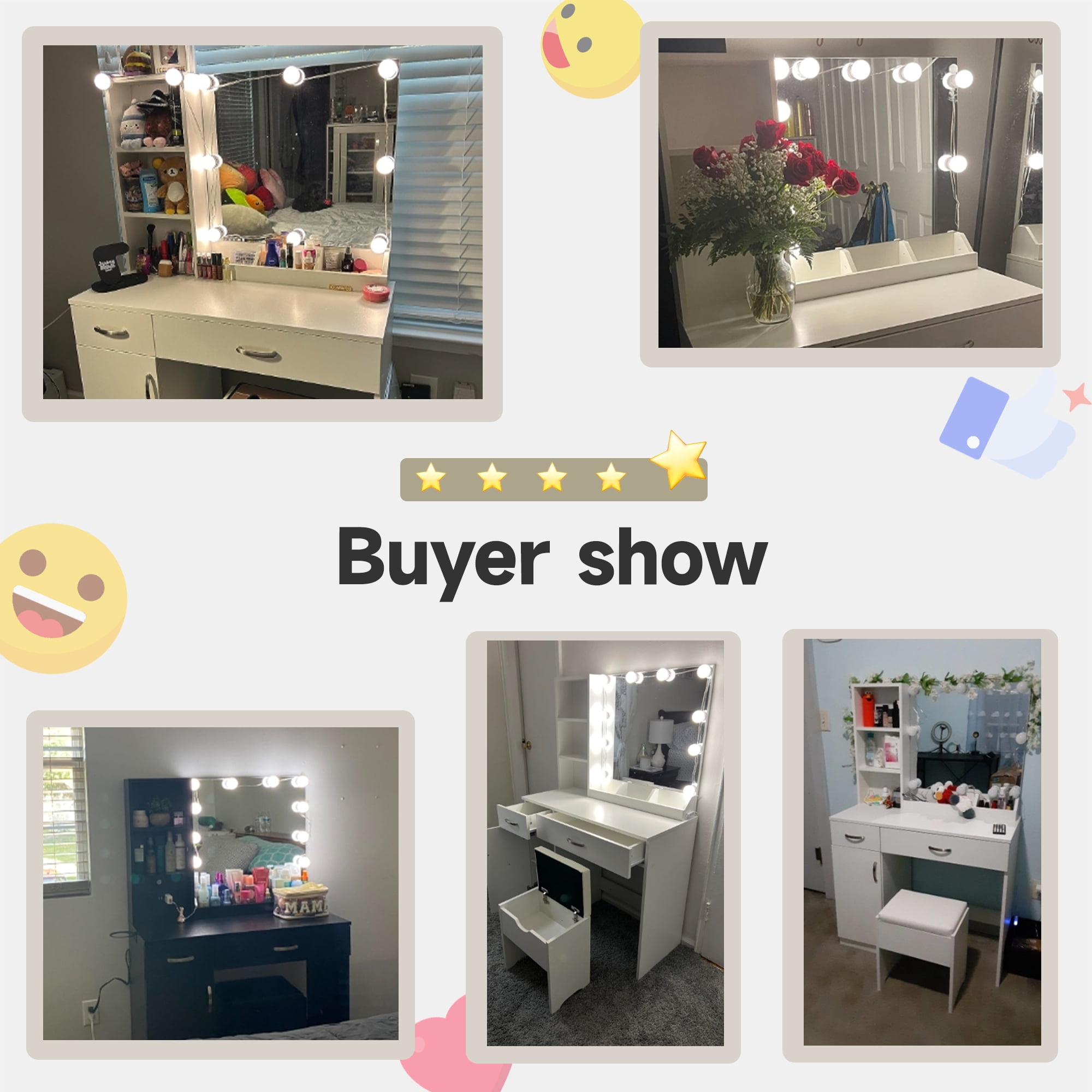 VEANERWOOD Vanity Desk Set with 3 Color Lighted Mirror, Makeup Table with Comfortable Cushioned Stool, Dressing Table Set with 3 Storage Compartments & Large Drawers, White