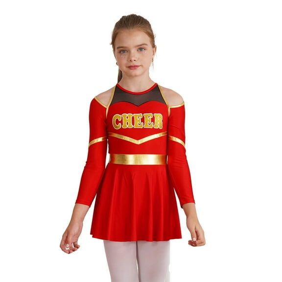 TiaoBug Kids Cheer Leader Costume Halloween Outfit Long Sleeve Cold Shoulder Cheerleading Dress Red 16