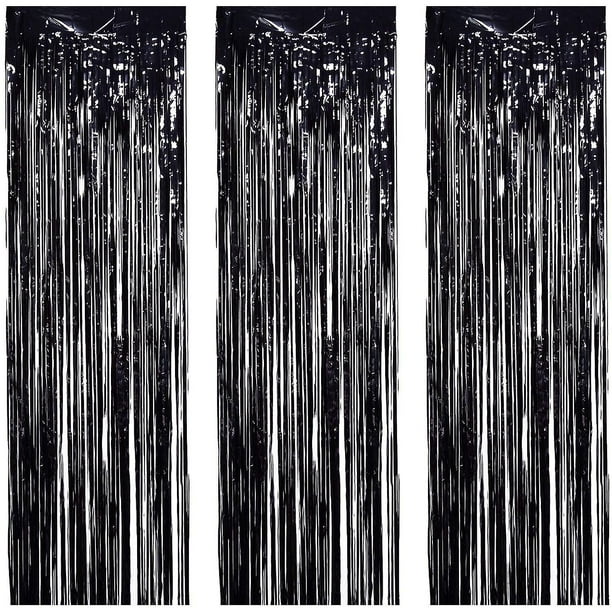 Paquete de 3 cortinas de papel de aluminio, cortina con flecos metálicos para fiesta de cumpleaños, foto, telón de fondo, decoración para evento de boda (negro)
