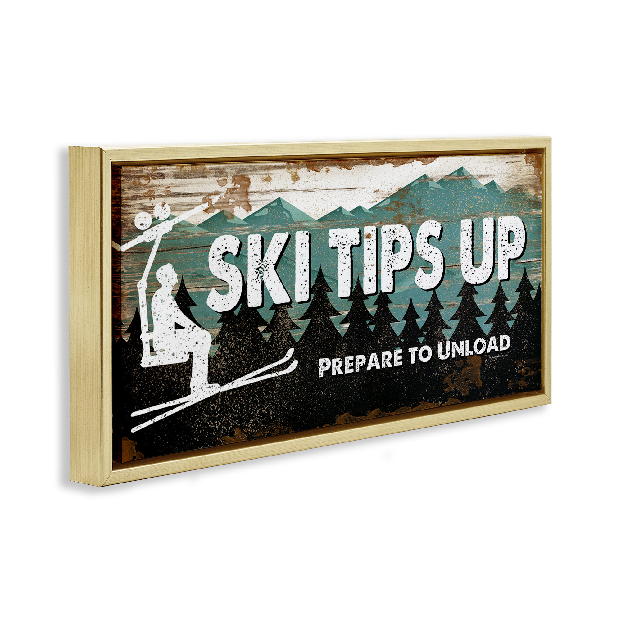 Stupell Industries Winter Rustic Mountain Skiing Typography Painting Gold Floater Framed Canvas Art Print Wall Art, 25 x 11