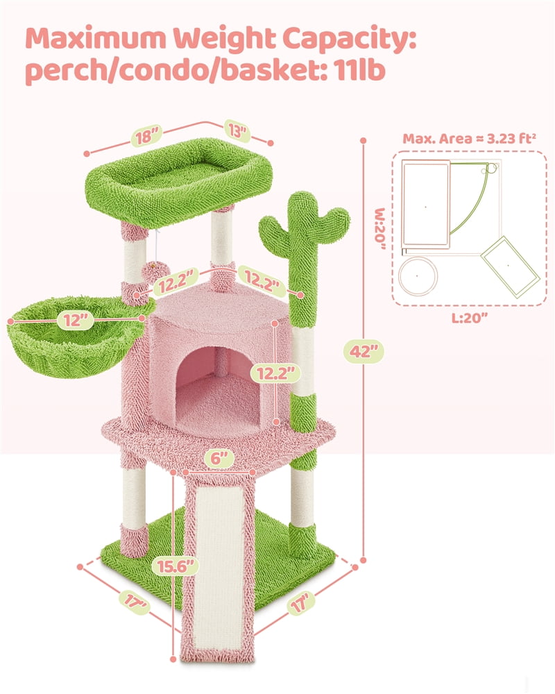Yaheetech 42" Height Cactus Cat Tree with Scratching Posts, Basket & Ladder, Pink/Green
