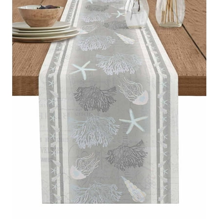 

Gray Coastal Table Runner Nautical Beach Summer Sea Starfish Coral Tablerunners 13 x 70 Inch Table Decorations Tabletop Scarf for Summer Gathering Holiday Farmhouse Kitchen Dining Decor