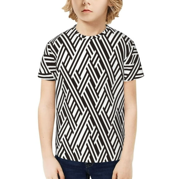 Fuzoiu Black White Stripes Print Boys' Casual T-Shirt,Crewneck Undershirts,Boys Athletic Shirt,Short Sleeve T-Shirts for Outdoor Play