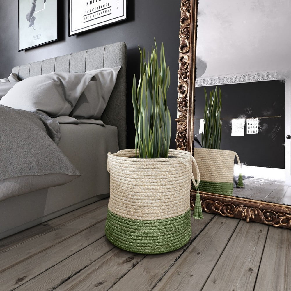 LR Home Woven Round Jute 19" Storage Basket with Handles, Green/White Stripe