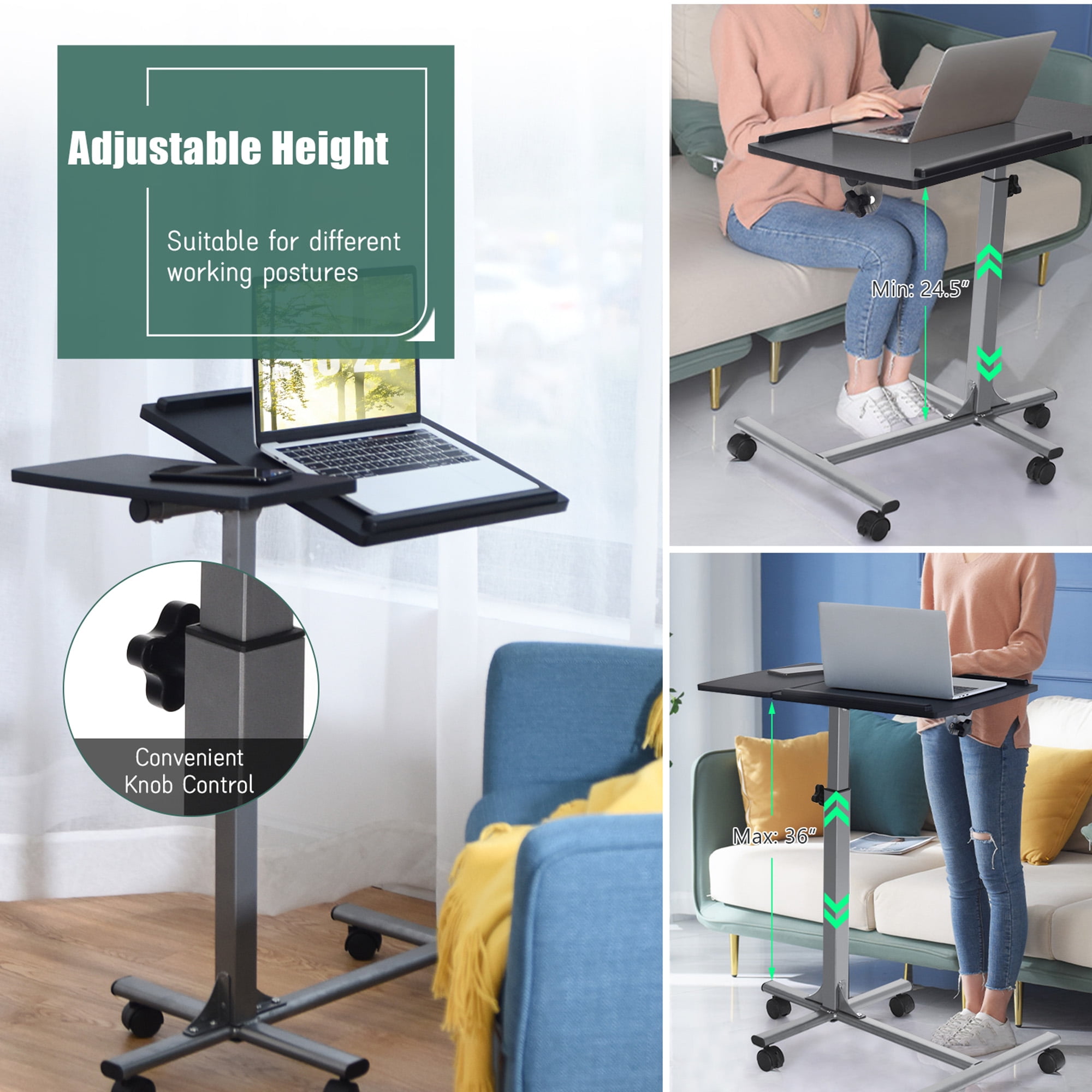 Gymax Mobile Laptop Stand on Wheels Height Adjustable Overbed Sofa Side Table