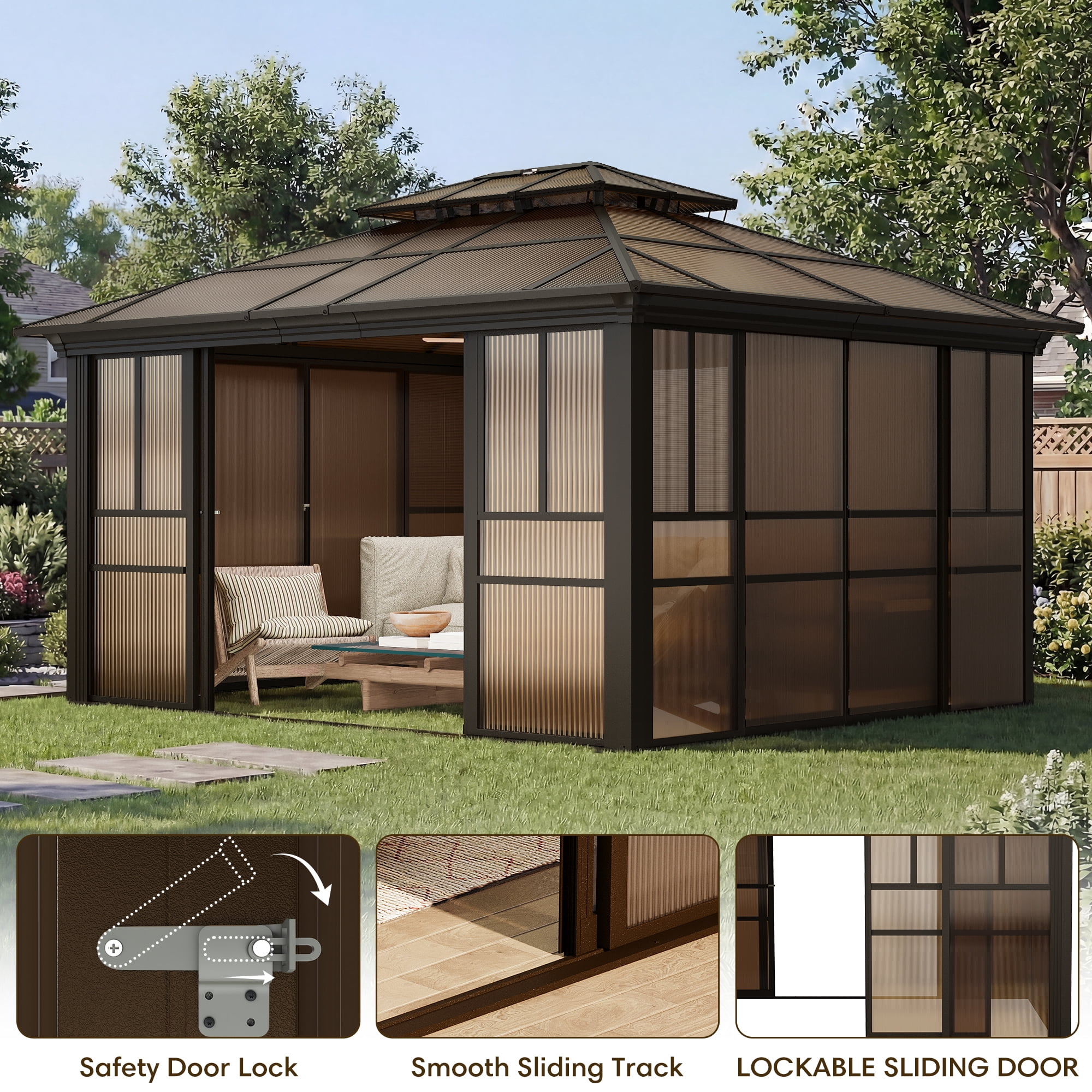 Hommow 12' x 14' Solarium Sunroom, Outdoor Hardtop Polycarbonate Roof Sun Room, Aluminum Frame Tiny House with Lockable Sliding Doors