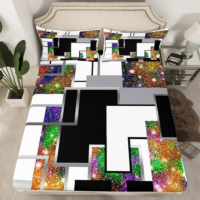 YST Kids Geometric Fitted Sheet Queen Size,Abstract Galaxy Sequins Bed Sheets, Buffalo Check Grids Bedding Set Soft Breathable Fitted Bed Sheets Modern Fashion Room Decor(No Top Sheet)