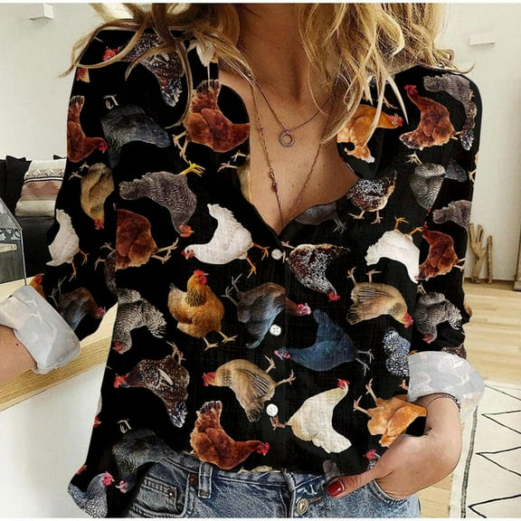 Chicken Blouses Shirt, Hen Pattern Women Casual Shirt, Women's Clothing, Button Up Shirt, Long Sleeve Shirt, Gift For Her