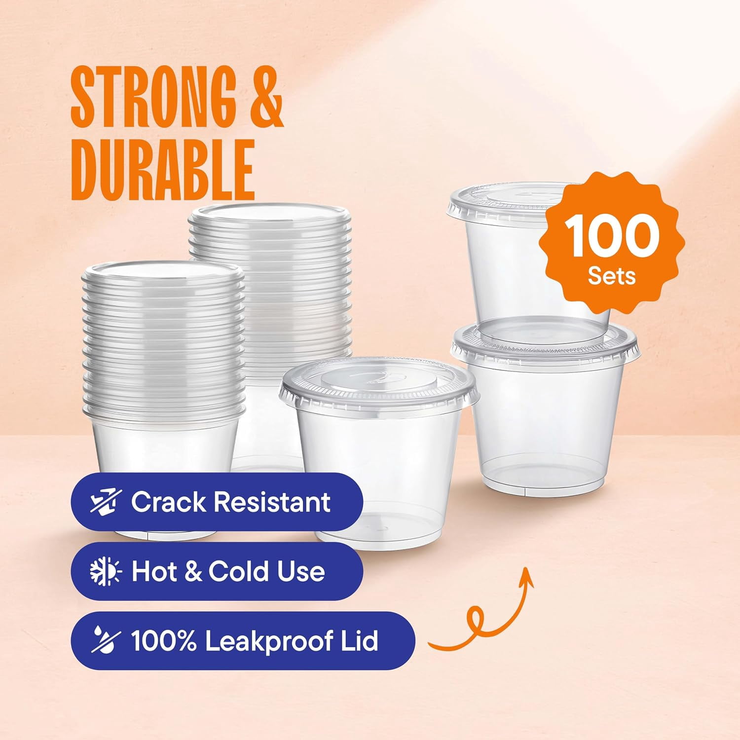 Stack Man [100 Sets - 5.5 oz.] Plastic Clear Portion Cups, Snack Cups, Disposable Containers with Lids 5.5oz. | Jello Shot Cups, Dipping Sauce Cup, Salad Dressing Container,