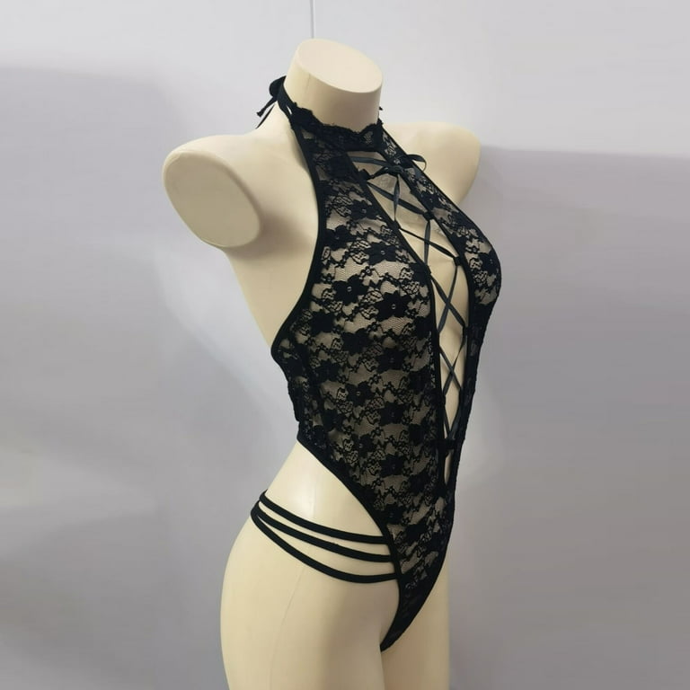 Aayomet Lingerie For Women Kinky Womens Lingerie V-Neck Lace Bodysuit Mini  Featuring Plunging Eyelash,Black XL