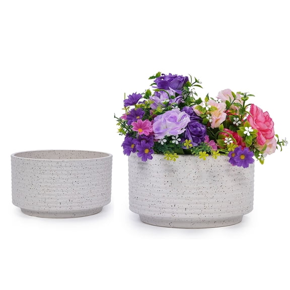 S-HOME Handmade Milk White Glossy Ceramic Planters with Saucers, Set of 2 (11" & 8"), Leaf Design for Succulents Herbs Indoor Outdoor