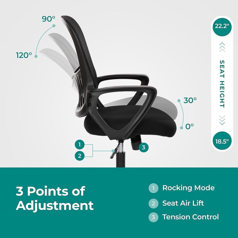 Bigleap Office Chair, Ergonomic Computer Chair, Mesh Desk Chairs with Comfy Lumbar Support and Armrest for Home, Bedroom, Study, Student, Adults, Black