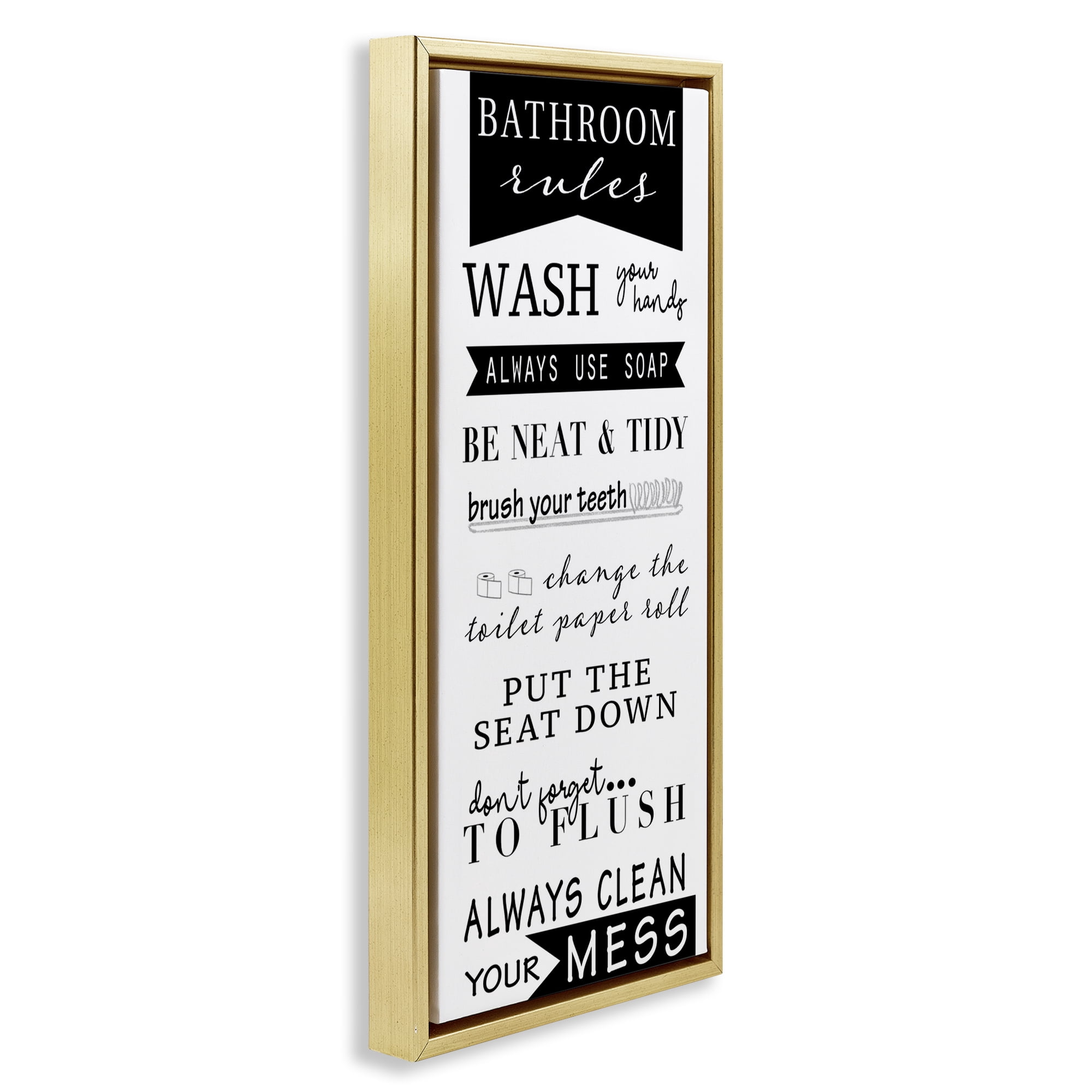 Stupell Industries Black Bathroom Rules Typography Painting Gold Floater Framed Canvas Art Print Wall Art, 15 x 31