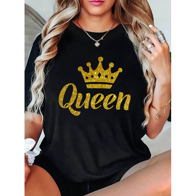Camiseta estampada con la corona "Queen" para mujer: informal y deportiva, negra, cuello redondo, manga corta, mezcla de algodón ligero, perfecta para el verano y para el tiempo libre.