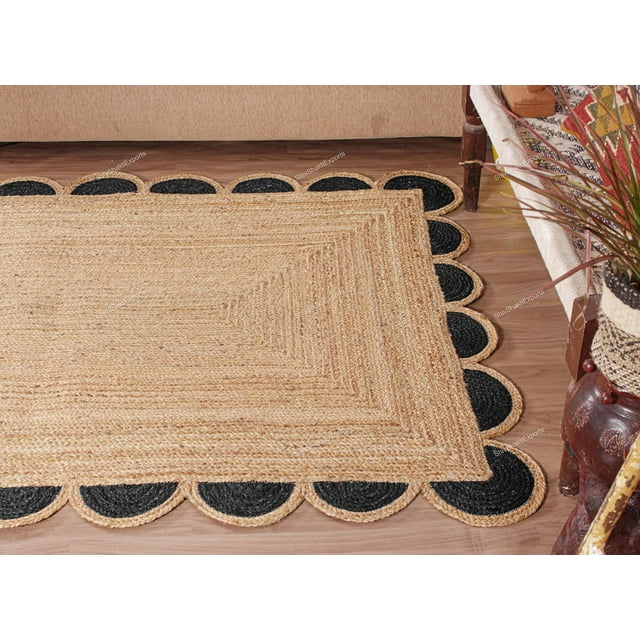 Scalloped Jute Runner Rug, Jute Scallop Rug, Jute Runner Rug, Natural Jute Rug, Hallway Runner Rug, Runner Custom Rug, Bedside Runner Rug (Black, 2.5x10 ft)