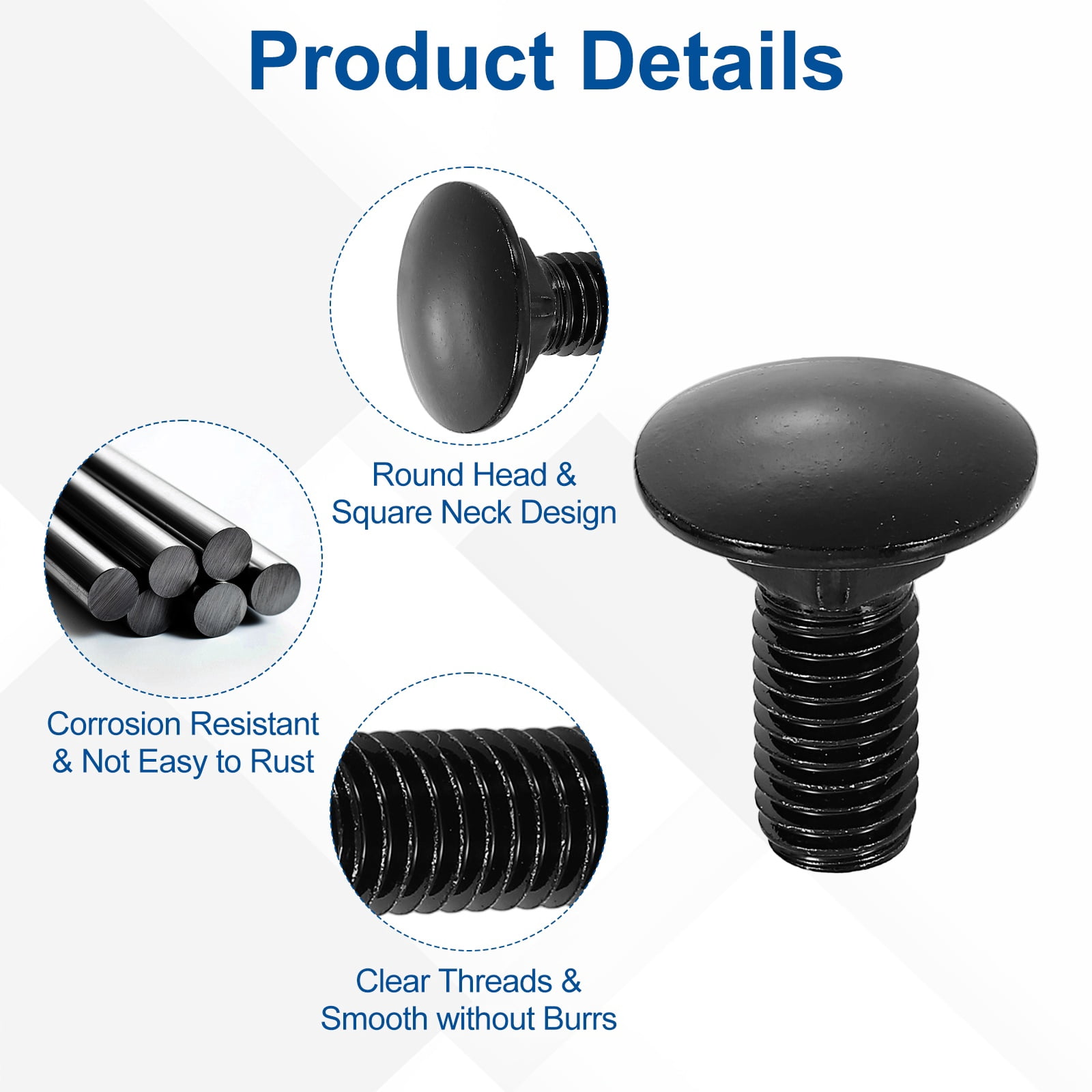Uxcell 15Pack M10 x 25mm Stainless Steel Carriage Bolts Round Head Square Neck, Black