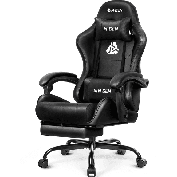 N-GEN GAMING Video Gaming Chair with Footrest Lumbar Support for Home Office High Back Recliner Height Adjustable Ergonomic Comfy Leather Computer Desk Chair (Black)