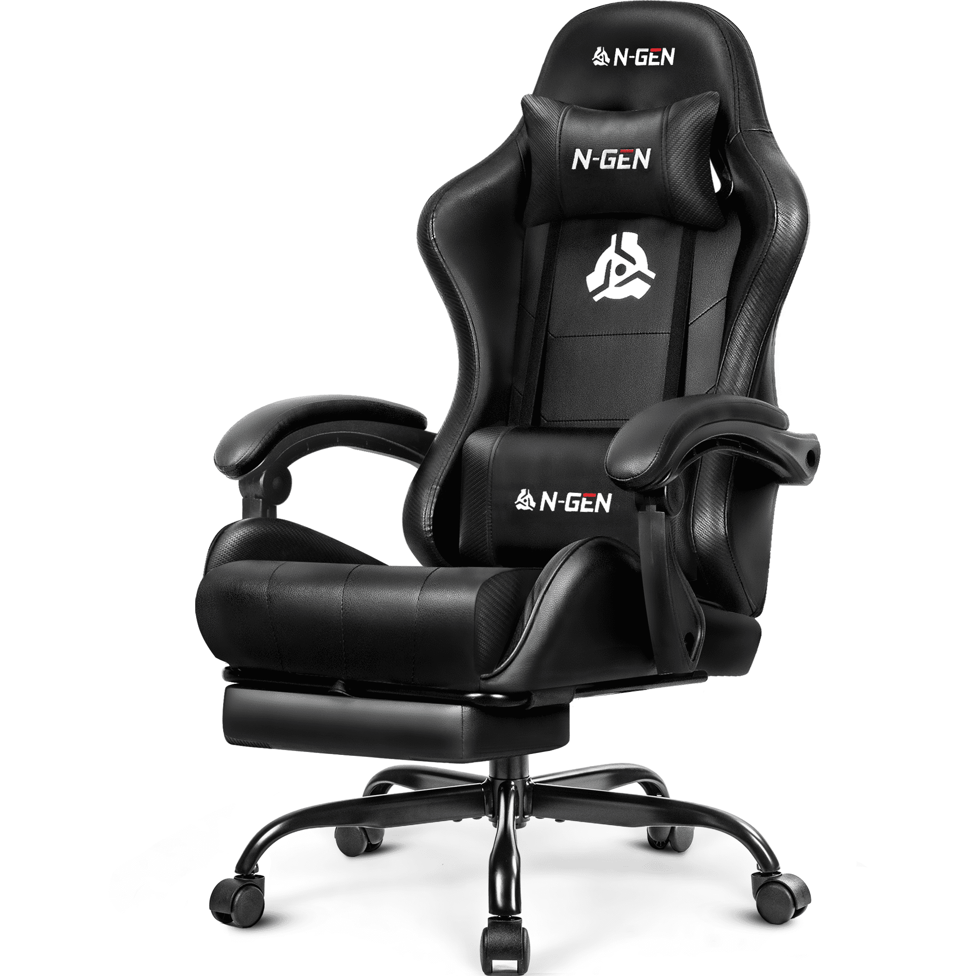 N-GEN GAMING Video Gaming Chair with Footrest Lumbar Support for Home Office High Back Recliner Height Adjustable Ergonomic Comfy Leather Computer Desk Chair (Black)