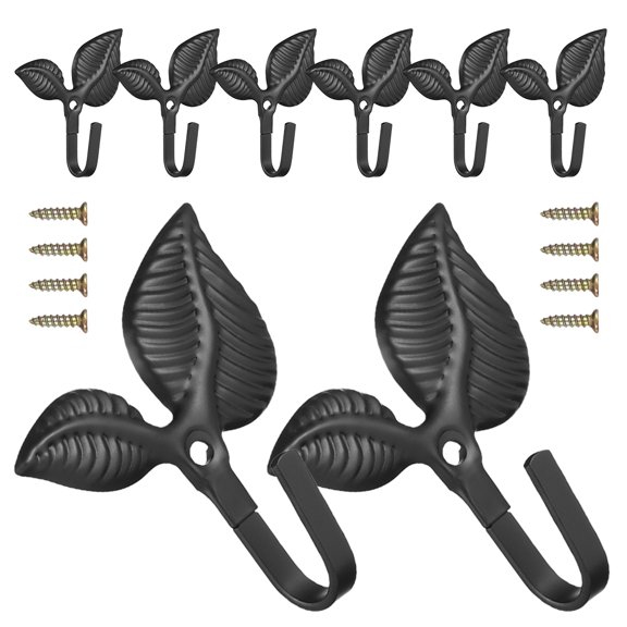 ETEREAUTY 8Pcs Black Wrought Iron Wall Mounted Hooks Rustic Leaf Shape Coat Jacket Holder