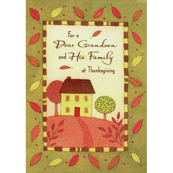 Designer Greetings Red Path to Light Green House on Hill Thanksgiving Card for Grandson and Family