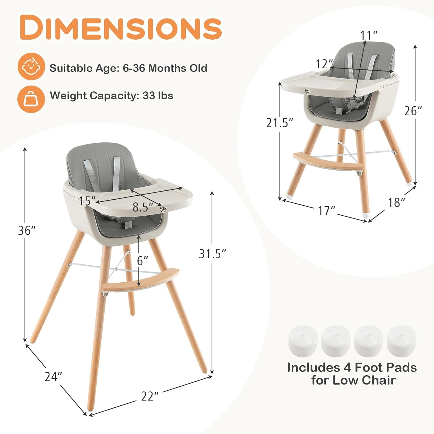 High Chair, OEIKPFN 3 IN 1 Convertible Wooden High Chair with Adjustable Legs & Removable Tray, Gray