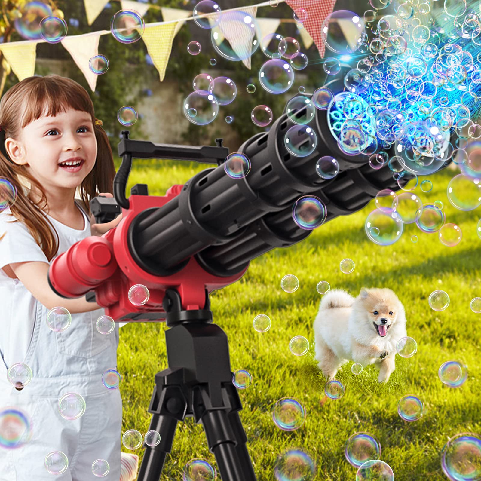 Bubble Machine for Kids and Adults, 360° Bubble Gun with Lights, 2 Battery and Bubble Solution