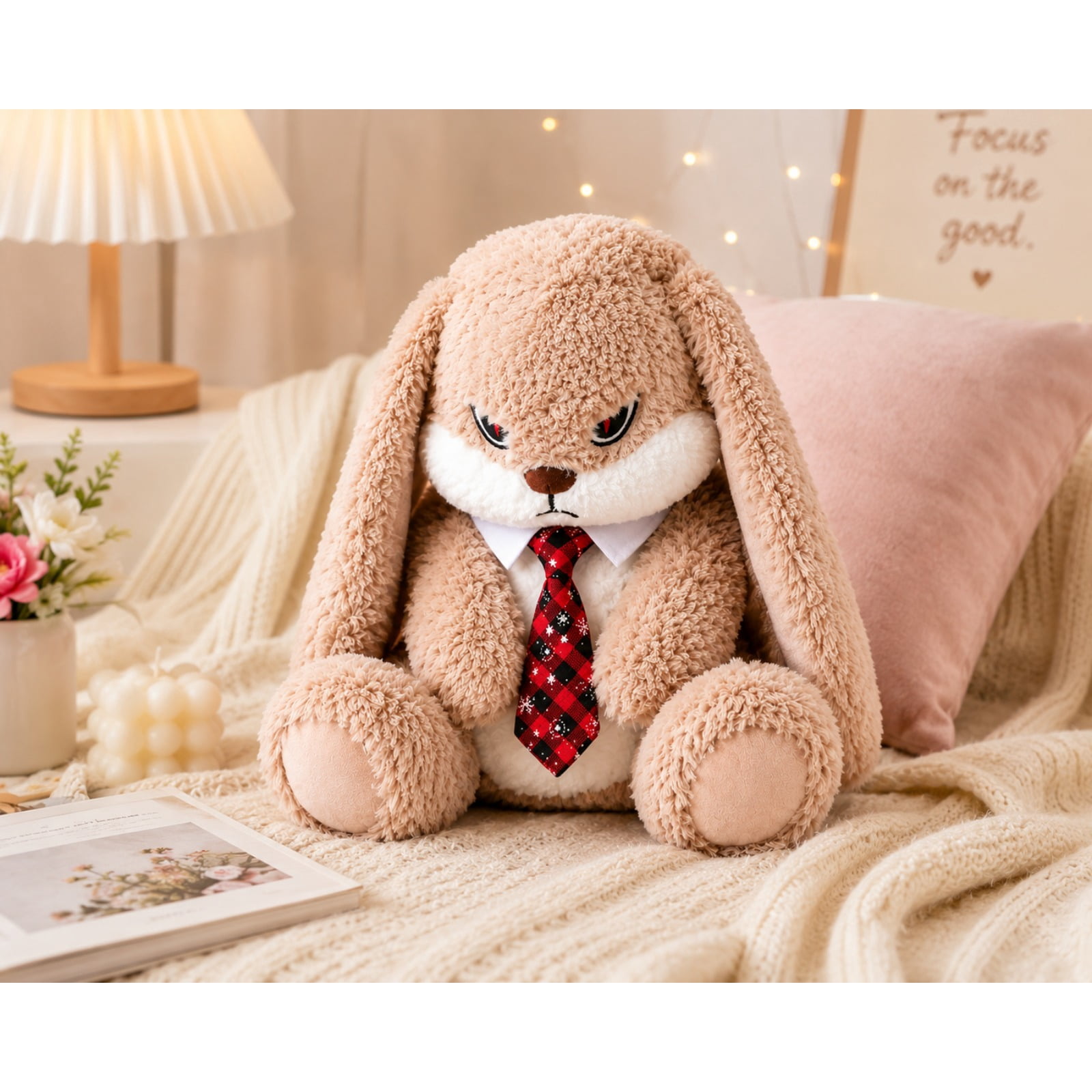 Long Ear Bunny Plush Toy with Tie Soft Stuffed Rabbit Doll Cute Gift Plushie