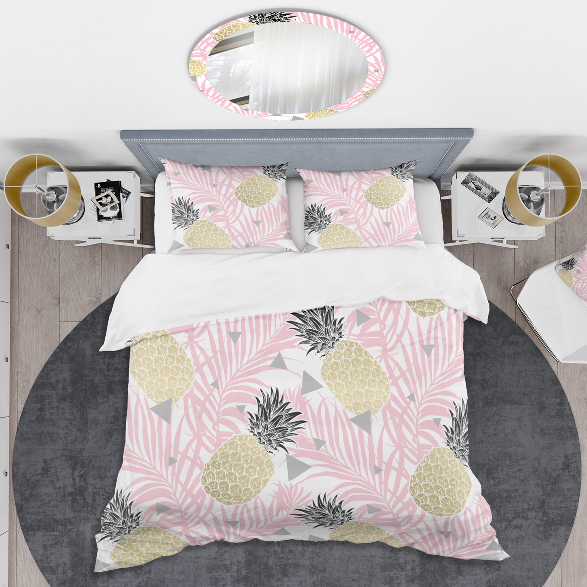 Designart 'Golden Pineapple Pink Leaves' Mid-Century Modern Duvet Cover Set