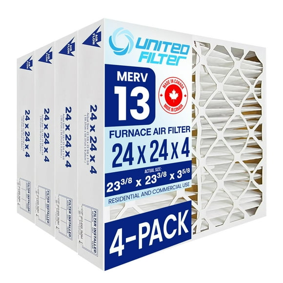 24x24x4 MERV 13 Pleated Furnace Filters (Actual Size 23-3/8 x 23-3/8 x 3-5/8) Clean, Healthy Air - High Efficiency, Home Climate Control HVAC Filters - Made in Canada - Case of 4
