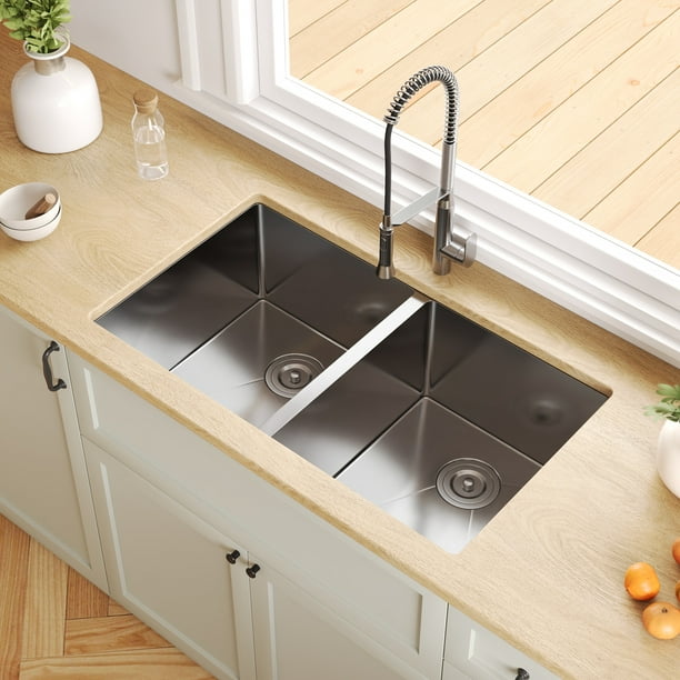 33 in. Rectangular Double Bowl Undermount Kitchen Sink in