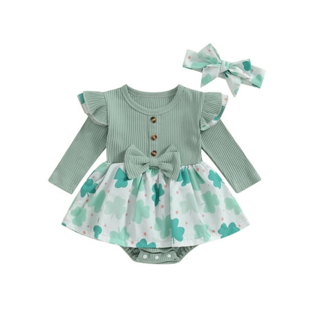 

Qtinghua Newborn Baby Girls St. Patrick s Day Romper Dress Long Sleeve Clover Print Ruffle Jumpsuit with Headband Clothes Green 12-18 Months