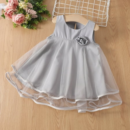 

nsendm Flower Kids Sleeveless Summer Vacation Beach Toddler 15Y Ruffles Dress Tulle Princess Dresses Flower Outfit Girls Dress Grey 12-18 Months