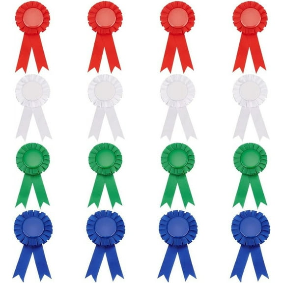 1 Set 16PCS 4 Colors Ribbon Award Medals Rosette Ribbon Blank Award Ribbon Badge Blue Red and White Prize Ribbons Honorable Recognition Ribbons for Competition Sport Event School Contest