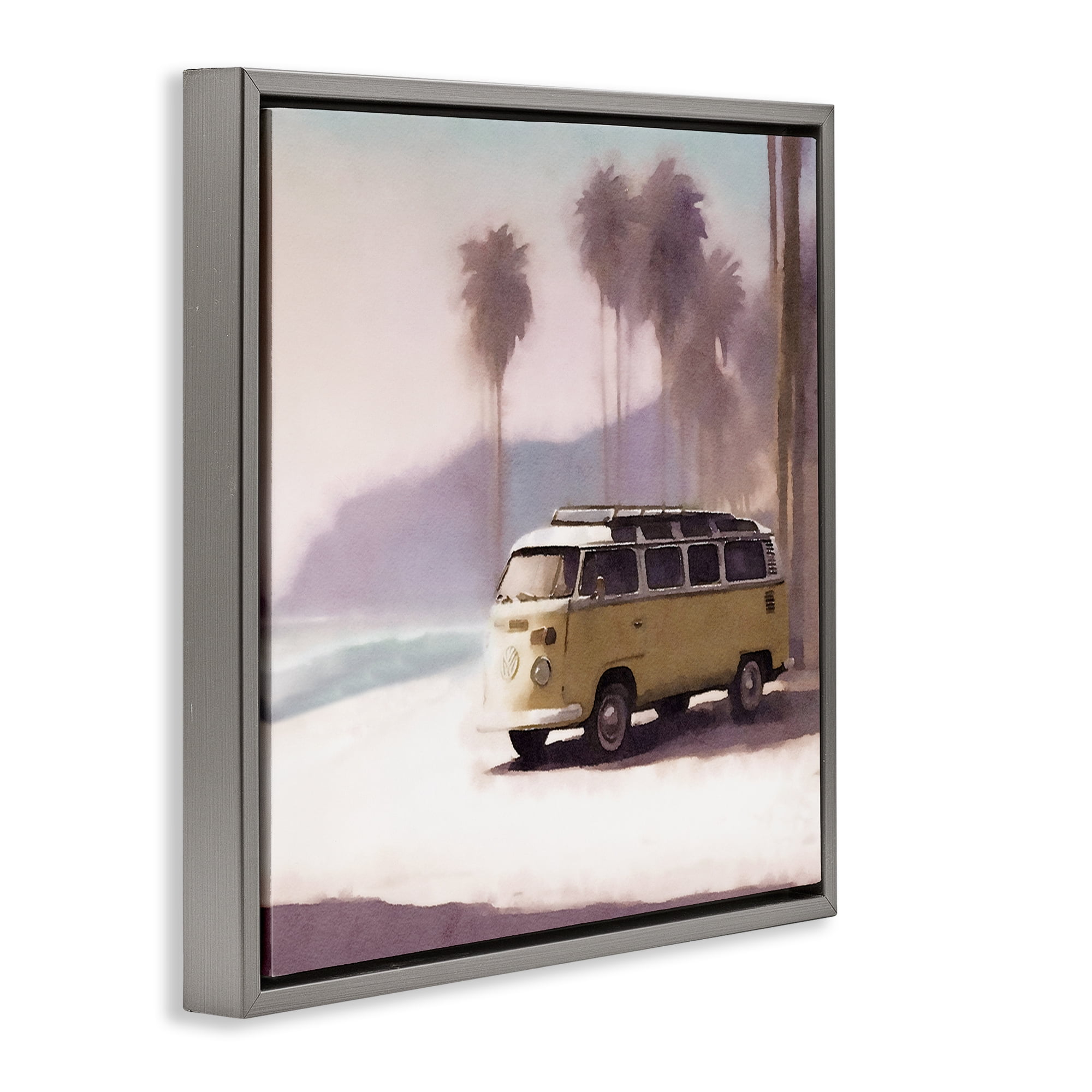 Stupell Industries Yellow Van on Beach Nautical & Beach Painting Gray Floater Framed Canvas Art Print Wall Art, 18 x 18