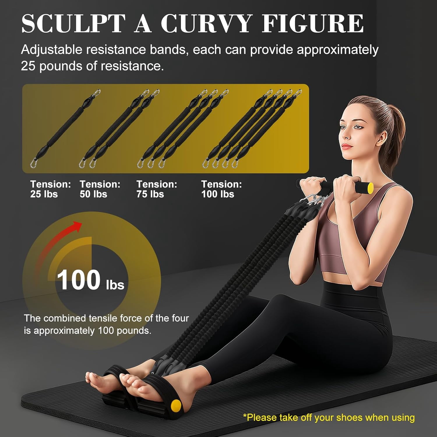Pedal Resistance Band with Handle - Adjustable 4-Tube Sit-Up Pull Rope, 25-100 lbs, Ergonomic Handles, Full Body Home Fitness Equipment